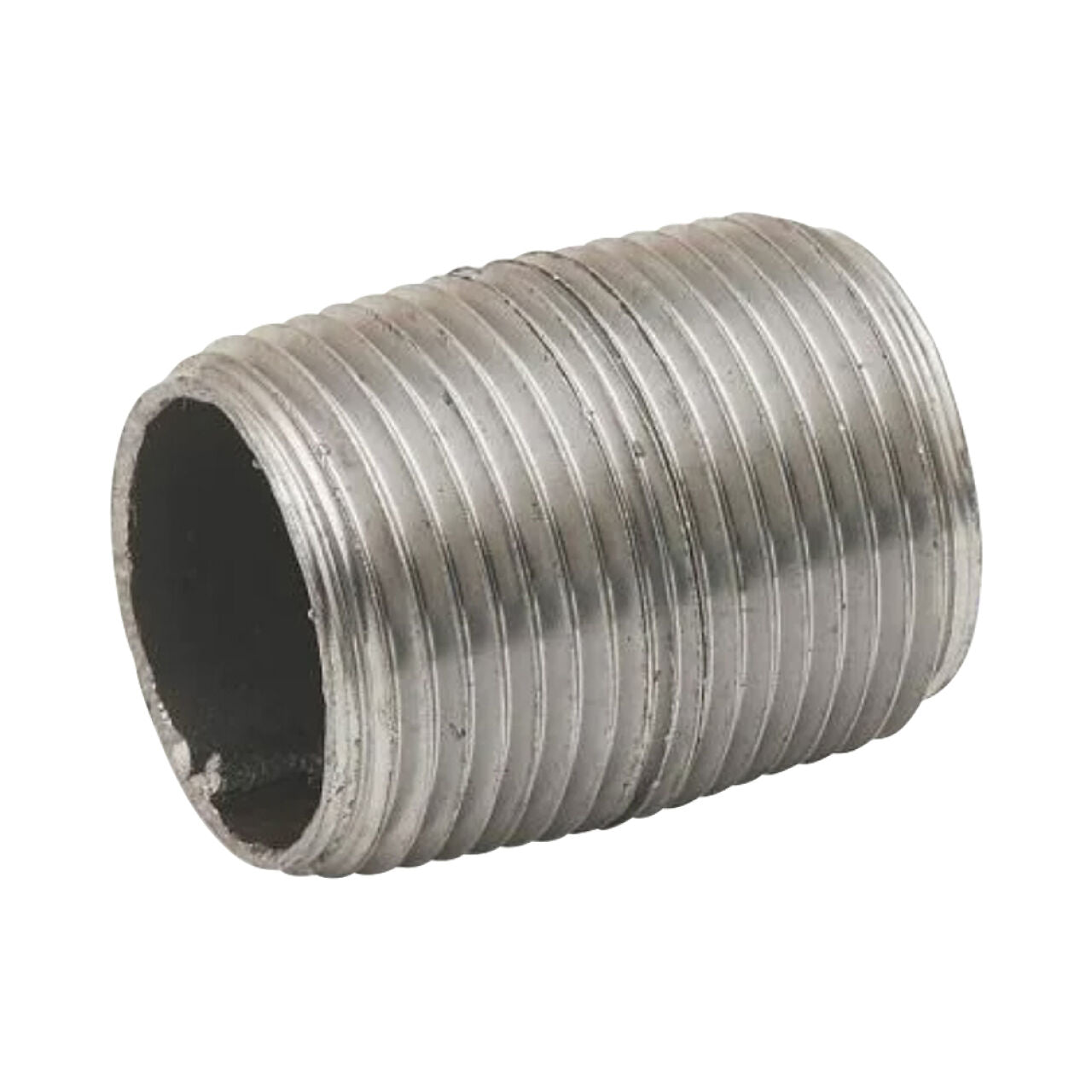 The Go Build 3/4 in. Close Black Steel Nipple is a cylindrical pipe fitting with threaded ends and a shiny finish, ideal for connecting or repairing plumbing pipes. Brand: The Fastest Way To Build.